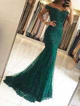 Mermaid/Trumpet Off-the-Shoulder Short Sleeves Sweep/Brush Train Tulle Prom Dress with Beading