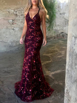 Trumpet/Mermaid V-neck Sleeveless Floor-Length Tulle Prom Formal Dress with Sequins