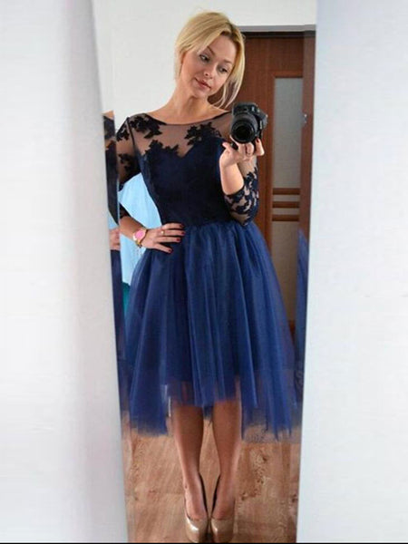 A-Line/Princess Scoop Tulle Long Sleeves Asymmetrical Prom Dress with Lace