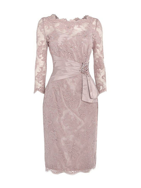 Sheath/Column Jewel 3/4 Sleeves Lace Knee Length Mother of the Bride/Groom Dress with Beading