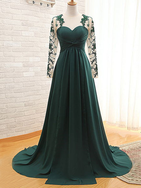 A-Line/Princess Jewel Long Sleeves Chiffon Sweep Train Mother of the Bride Dress with Applique