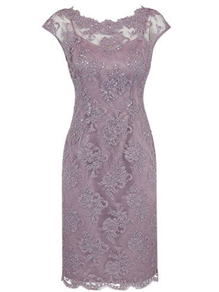 Sheath/Column Bateau Cap Sleeves Lace Knee Length Mother of the Bride/Groom Dress with Beading