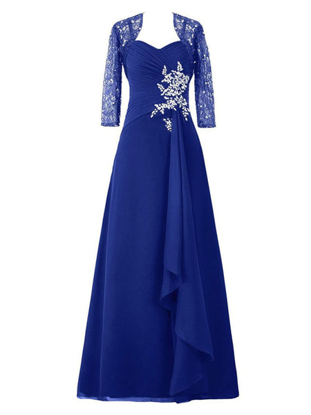 A-Line/Princess Sweetheart 3/4 Sleeves Chiffon Floor Length Mother of the Bride Dress with Beading Lace