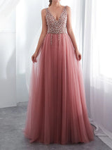 A-Line/Princecss Tulle V-neck Floor-length Beading Prom Evening Dresses with Slit