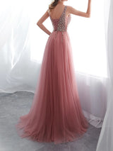 A-Line/Princecss Tulle V-neck Floor-length Beading Prom Evening Dresses with Slit