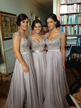 Sheath/Column V-neck Floor Length Chiffon Bridesmaid Dress with Beading