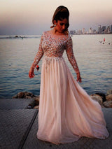 A-Line/Princess Bateau Sweep/Brush Train Chiffon Prom Formal Evening Dress with Beading