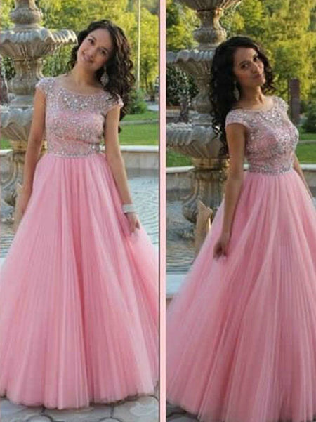 A-Line/Princess Scoop Floor Length Tulle Prom Formal Evening Dress with Beading