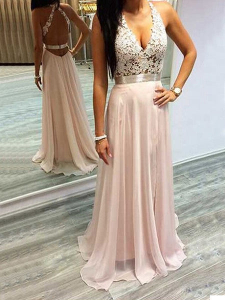 A-Line/Princess Halter Sweep/Brush Train Chiffon Prom Formal Evening Dress with Lace