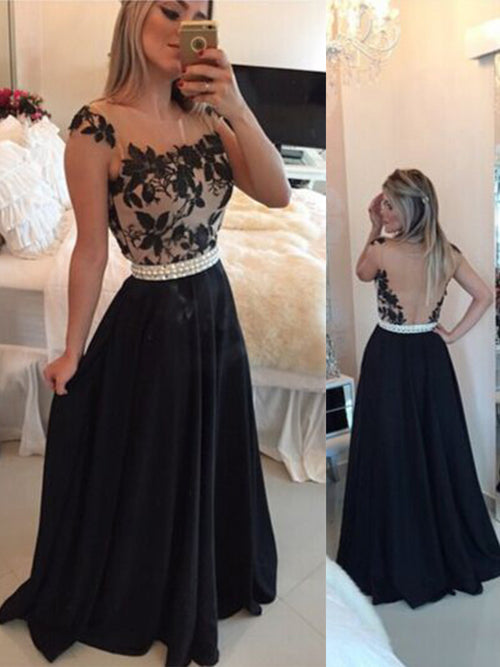A-Line/Princess Sheer Neck Sweep/Brush Train Chiffon Prom Formal Evening Dress with Pearls