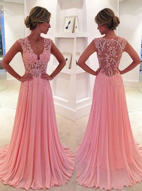 A-Line/Princess V-neck Sweep/Brush Train Chiffon Prom Formal Evening Dress with Lace