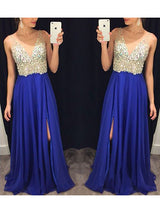 A-Line/Princess V-neck Sweep/Brush Train Chiffon Prom Formal Evening Dress with Crystal