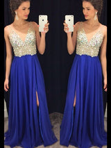 A-Line/Princess V-neck Sweep/Brush Train Chiffon Prom Formal Evening Dress with Crystal