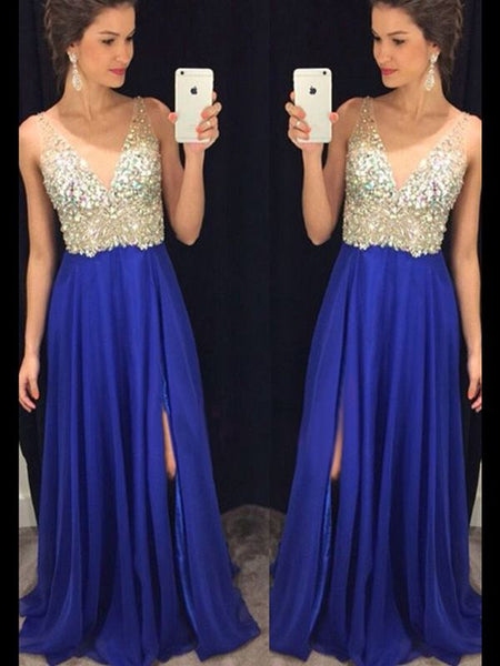 A-Line/Princess V-neck Sweep/Brush Train Chiffon Prom Formal Evening Dress with Crystal