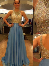 A-Line/Princess Scoop Sweep/Brush Train Chiffon Prom Formal Evening Dress with Beading