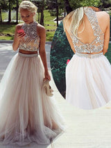 A-Line/Princess High Neck Floor Length Tulle Prom Formal Evening Dress with Beading