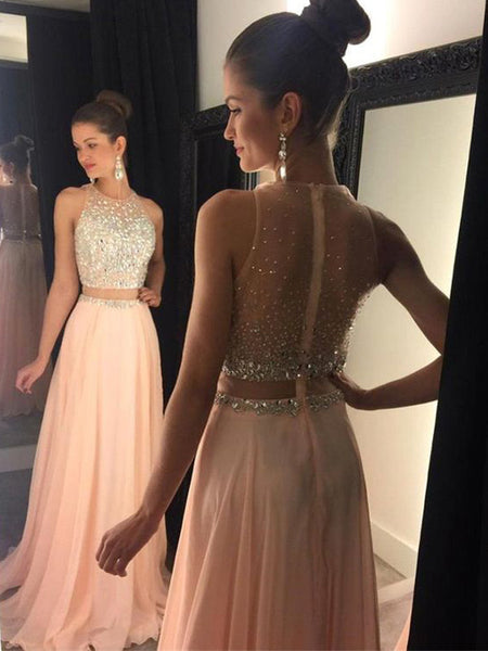 A-Line/Princess Scoop Sweep/Brush Train Chiffon Prom Formal Evening Dress with Beading