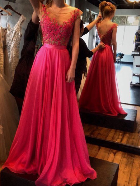 A-Line/Princess Scoop Floor Length Chiffon Prom Formal Evening Dress with Applique