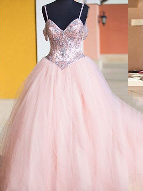 Ball Gown Spaghetti Straps Floor Length Tulle Prom Formal Evening Dress with Crystal