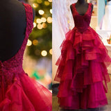 Ball Gown V-Neck Floor Length Tulle Prom Formal Evening Dress with Applique