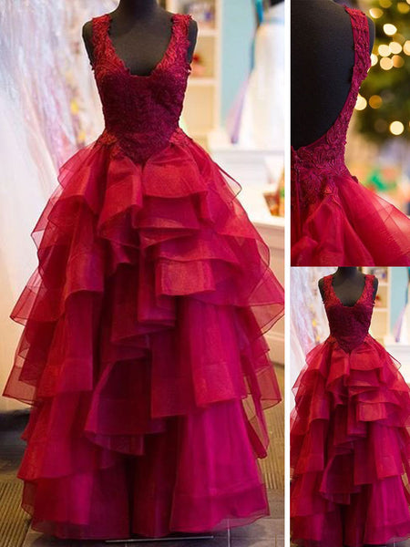 Ball Gown V-Neck Floor Length Tulle Prom Formal Evening Dress with Applique