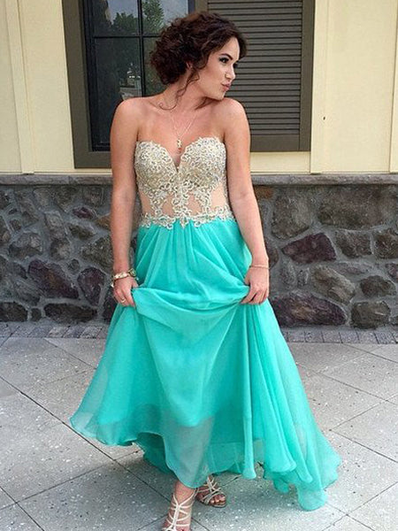 A-Line/Princess Sweetheart Floor Length Chiffon Prom Formal Evening Dress with Applique