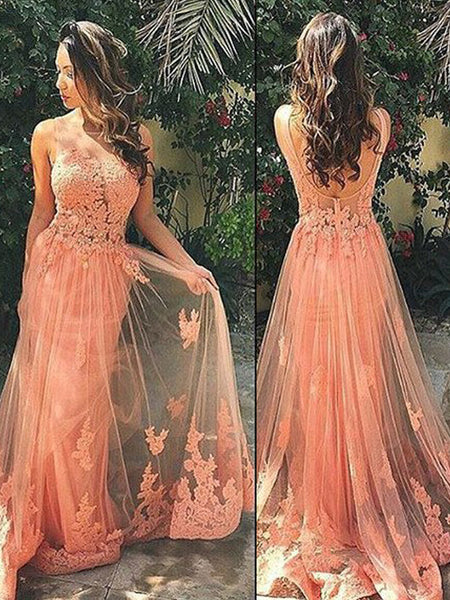 A-Line/Princess Straps Sweep/Brush Train Tulle Prom Formal Evening Dress with Applique