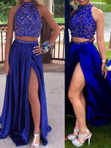 A-Line/Princess High Neck Sweep/Brush Train Satin Prom Formal Evening Dress with Beading