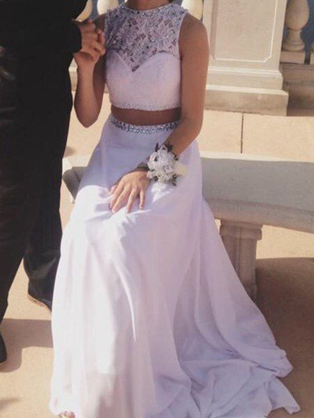 A-Line/Princess Jewel Floor Length Chiffon Prom Formal Evening Dress with Beading