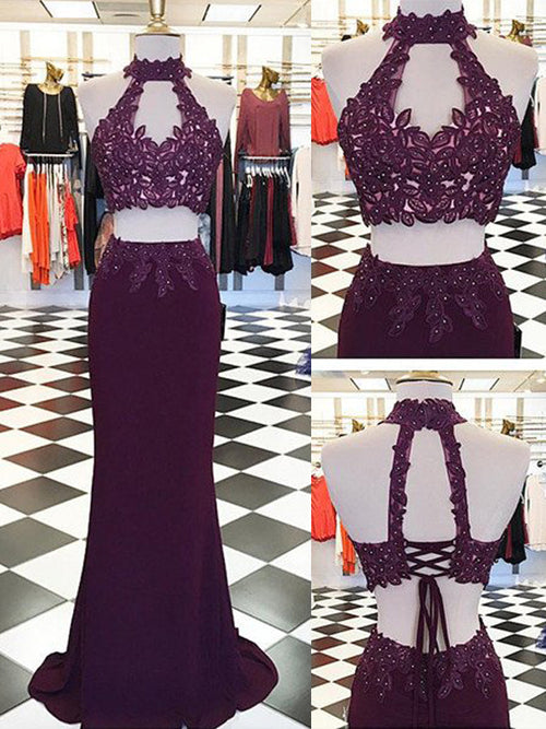 Sheath/Column Halter Floor Length Satin Prom Formal Evening Dress with Applique