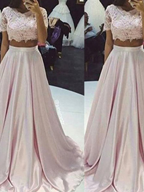 A-Line/Princess Scoop Floor Length Taffeta Prom Formal Evening Dress with Lace