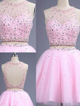 A-Line/Princess Scoop Short/Mini Tulle Prom Formal Evening Dress with Beading