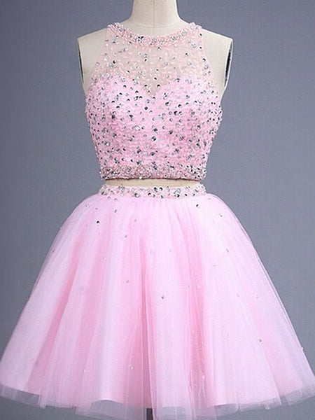 A-Line/Princess Scoop Short/Mini Tulle Prom Formal Evening Dress with Beading