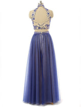 A-Line/Princess High Neck Floor Length Chiffon Prom Formal Evening Dress with Beading