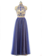 A-Line/Princess High Neck Floor Length Chiffon Prom Formal Evening Dress with Beading