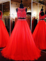 A-Line/Princess Scoop Floor Length Tulle Prom Formal Evening Dress with Beading