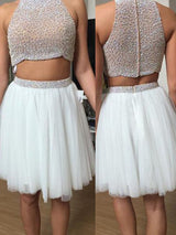 A-Line/Princess High Neck Short/Mini Tulle Prom Formal Evening Dress with Beading