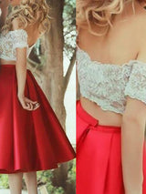 A-Line/Princess Off-the-shoulder Knee-Length Satin Prom Formal Evening Dress with Lace