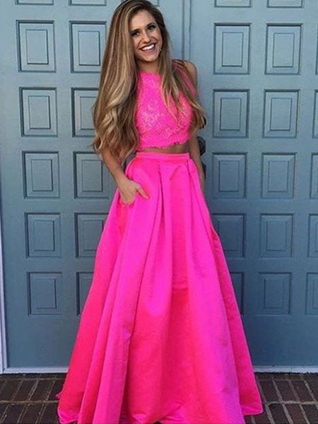 A-Line/Princess Scoop Floor Length Satin Prom Formal Evening Dress with Lace