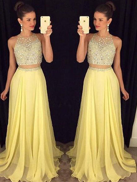 A-Line/Princess Scoop Floor Length Chiffon Prom Formal Evening Dress with Beading