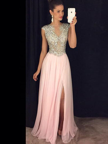 A-Line/Princess Bateau Floor Length Chiffon Prom Formal Evening Dress with Sequin