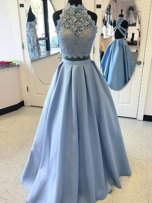 Ball Gown High Neck Floor Length Satin Prom Formal Evening Dress with Applique