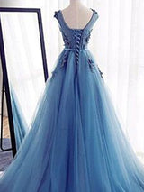 Ball Gown Jewel Sweep/Brush Train Tulle Prom Formal Evening Dress with Applique