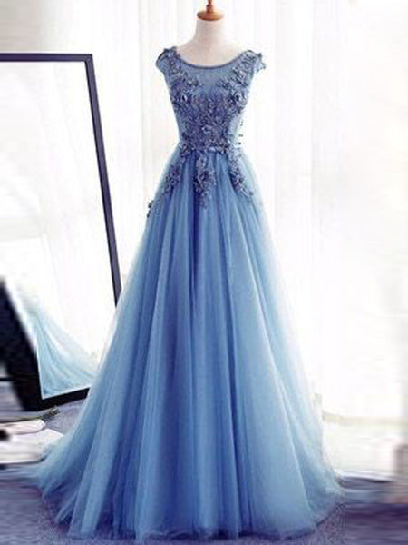 Ball Gown Jewel Sweep/Brush Train Tulle Prom Formal Evening Dress with Applique