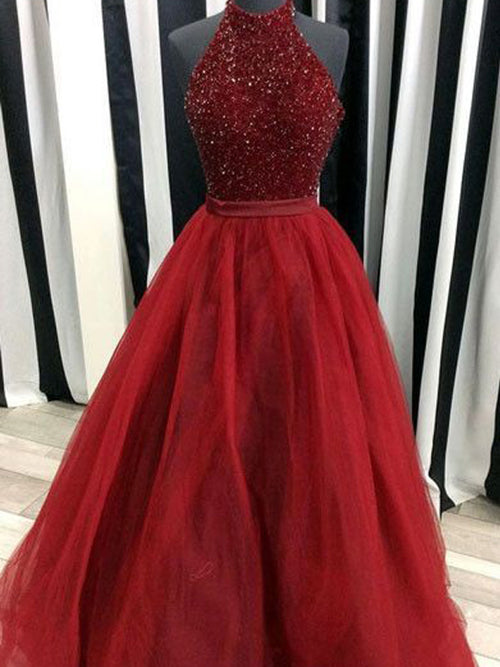 Ball Gown High Neck Floor Length Organza Prom Formal Evening Dress with Beading