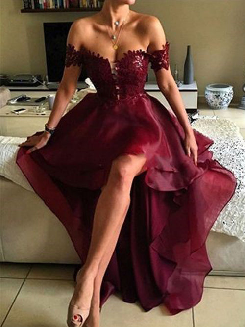 A-Line/Princess Off-the-shoulder Asymmetrical Organza Prom Dress with Applique