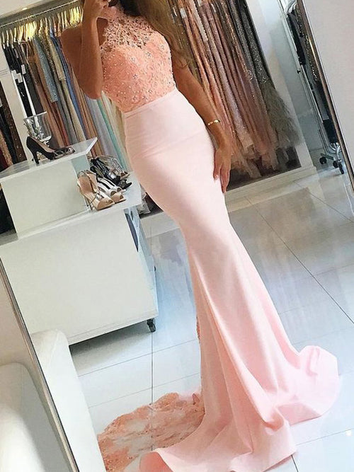 Trumpet/Mermaid High Neck Sweep/Brush Train Satin Prom Formal Evening Dress with Lace