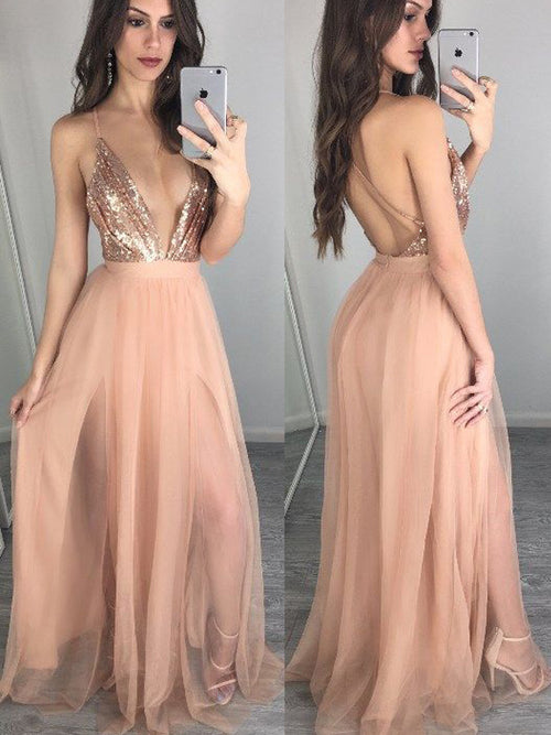 A-Line/Princess Spaghetti Straps Floor Length Chiffon Formal Evening Dress with Sequin