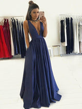 A-Line/Princess V-neck Floor Length Satin Prom Formal Evening Dress