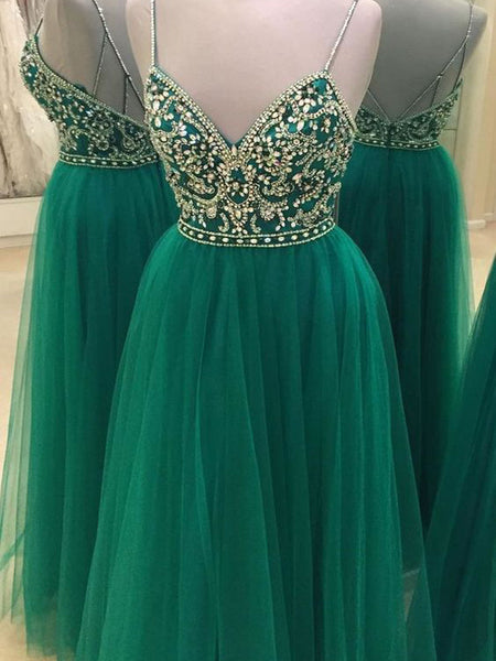 A-Line/Princess Spaghetti Straps Floor Length Tulle Prom Formal Evening Dress with Beading